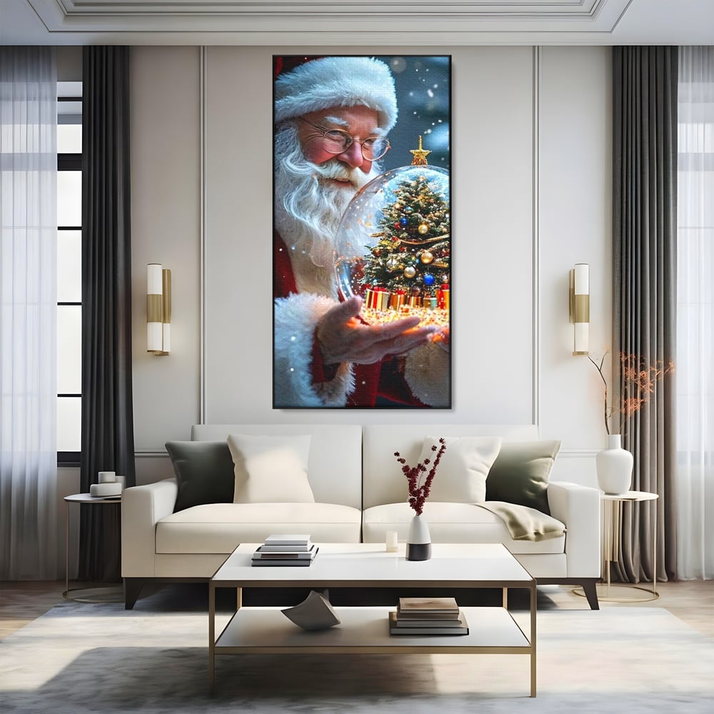 Tablou canvas cu tablou canvas cu mos craciun, in rama de aluminiu negru, pe perete intr-un living